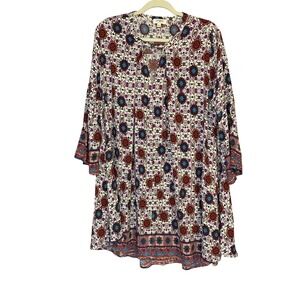 Umgee USA Boho Paisley Floral Print Bell Sleeve Tunic Dress Women's Size L